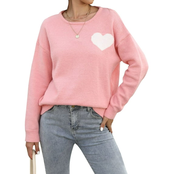 Xuanfei Women Heart Graphic Long Sleeve Crew Neck Valentine Pullover Sweater