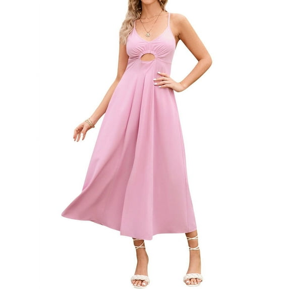 Xuanfei Women Hollow Out Deep V-Neck Spaghetti Strap Dress Backless Split Hem Pleated Flowy Long Dress