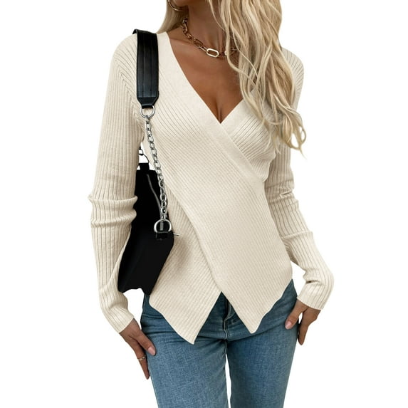 Xuanfei Women Irregular Knitwear Long Sleeve V Neck Front Cross Ribbed Sweater Top