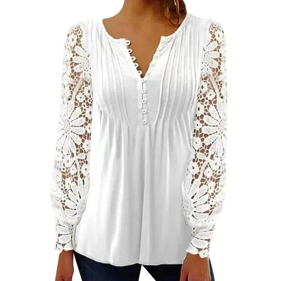 Xuanfei Women Lace Cutout Long Sleeve Button Up V Neck Pleated Tunic T-Shirt