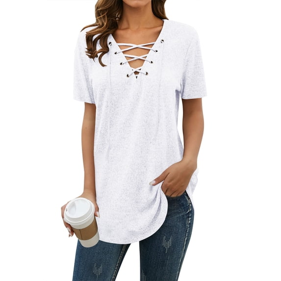 Xuanfei Women Lace-up V Neck Short Sleeve Curve Hem Top