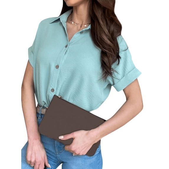 Xuanfei Women Lapel Collar Button High-Low Hem Short Sleeve Blouse