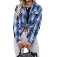 thumbnail image 1 of Xuanfei Women Lapel Collar Plaid Button Down Long Sleeve Shirt, 1 of 7