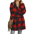 thumbnail image 1 of Xuanfei Women Lapel Collar Plaid Snap Button Long Sleeve Mid-Length Fuzzy Coat Top, 1 of 4