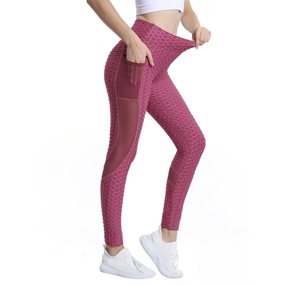 Xuanfei Women Mesh Splicing Solid Color Bubble High Waist Leggings With Pocket
