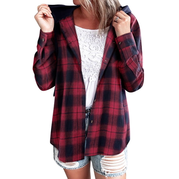 Xuanfei Women Plaid Shirt Single-Breasted Drawstring Hoodie Long Sleeve Outwear