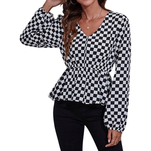 Xuanfei Women Plaid V Neck Lantern Sleeve Elastic Waist Top