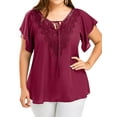 thumbnail image 1 of Xuanfei Women Plus Size Solid Color V Neck Lace Pattern Strappy Trumpet Sleeve T-shirt, 1 of 5