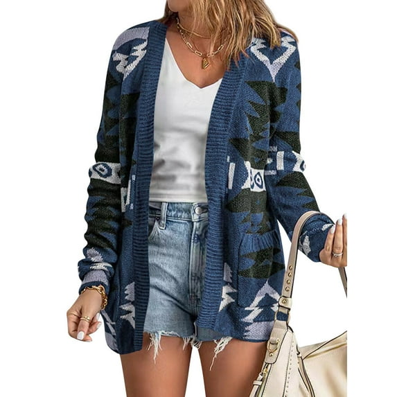 Xuanfei Women Print Open Front Long Sleeve Ribbed Edge Pocketed Knitted Cardigan