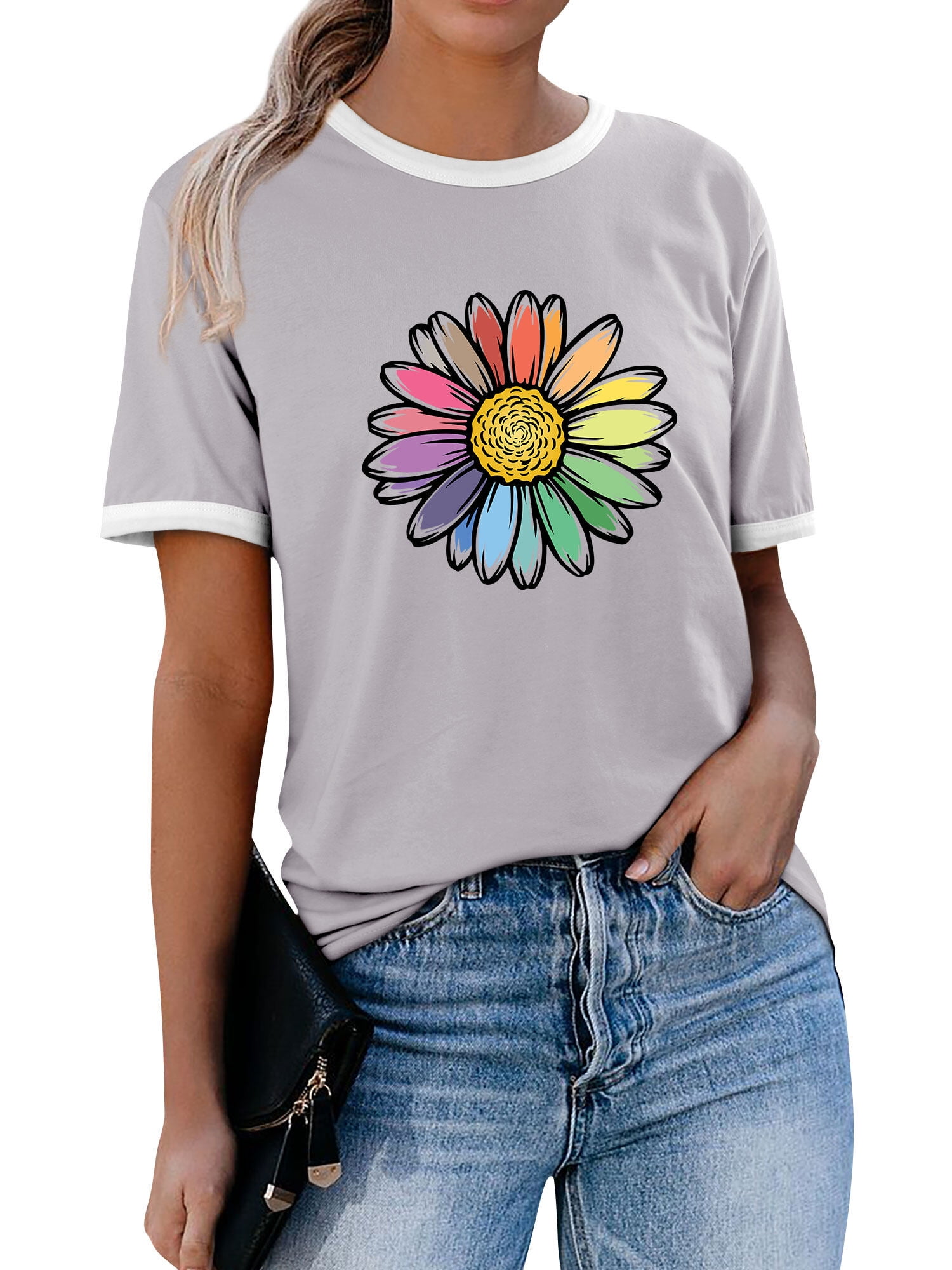 Xuanfei Women Rainbow Color Daisy Print Crew Neck Short
