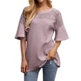 thumbnail image 1 of Xuanfei Women Round Neck Crochet Lace Patchwork Short Sleeve Top, 1 of 7
