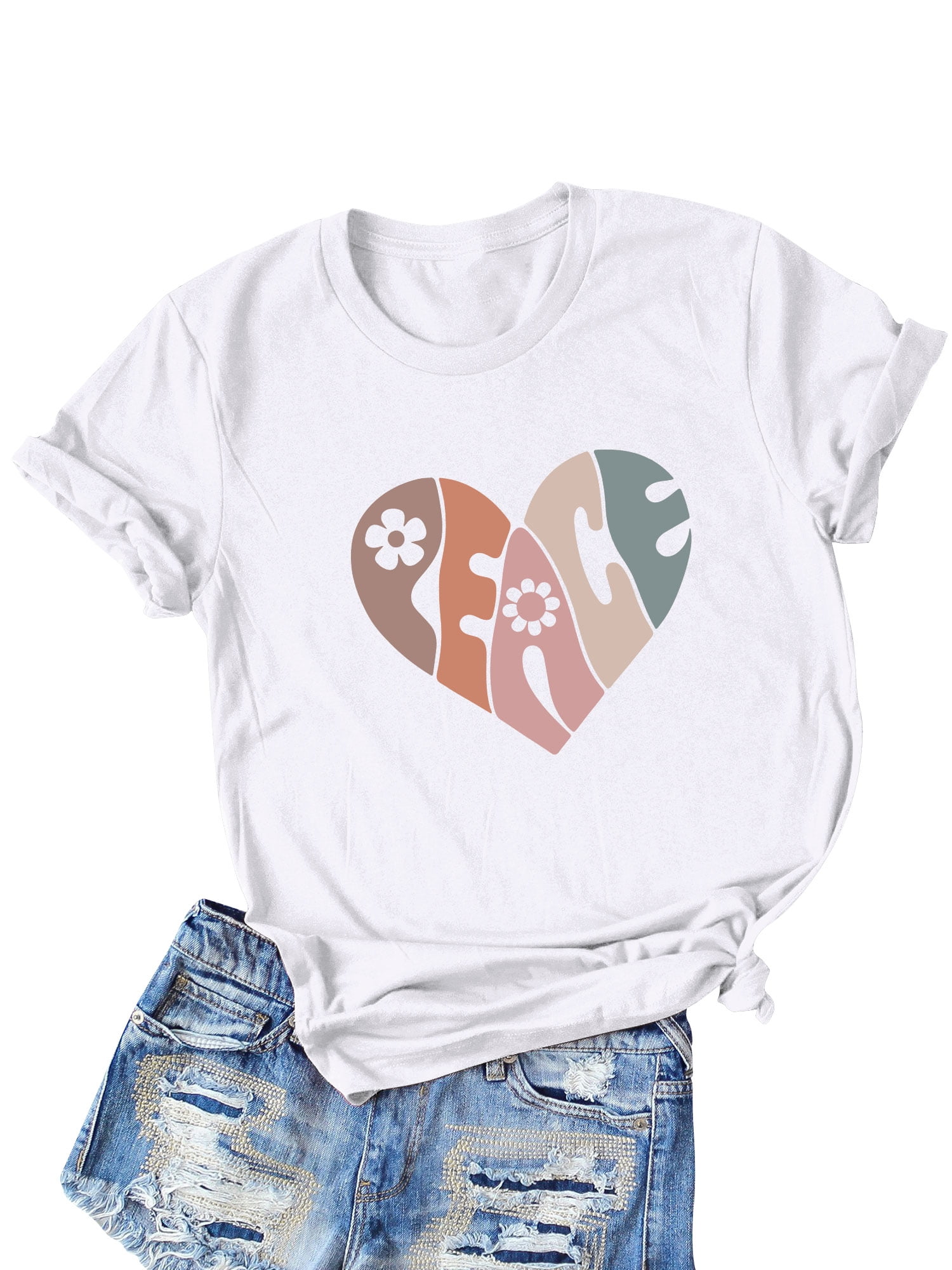 Xuanfei Women Round Neck Floral Heart Puzzles Print Short Sleeve T