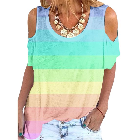 Xuanfei Women Round Neck Tie-Dye Rainbow Print Short Sleeve Cold Shoulder T-Shirt