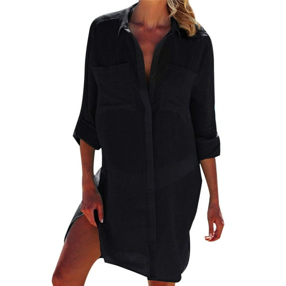 Xuanfei Women Solid Color Button Down Long Sleeve Mid-Length Bikini Cover Ups