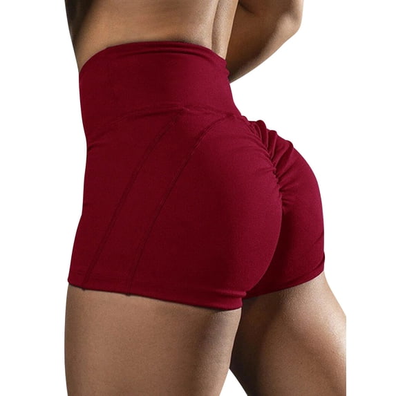 Xuanfei Women Solid Color High Waistband Butt Scrunch Tummy Control Gym Yoga Shorts