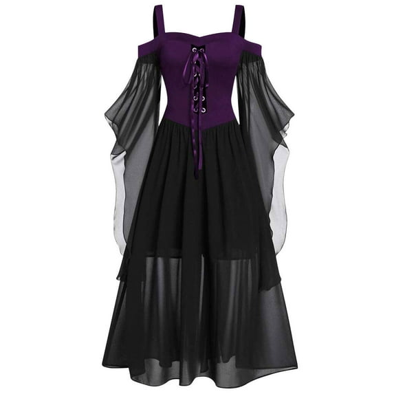 Xuanfei Women Solid Color Lace Up Off Shoulder Flare Sleeve Flowy Hemline Dress