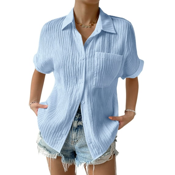 Xuanfei Women Solid Color Lapel Collar Button Down Short Sleeve Pleated Shirt
