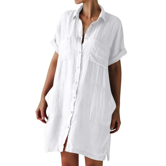 Xuanfei Women Solid Color Lapel Collar Button Down Short Sleeve Shirt Dress