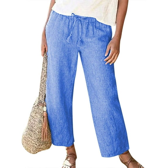 Xuanfei Women Solid Color Mid Waist Lace Up Wide Leg Ankle-Length Straight Pants