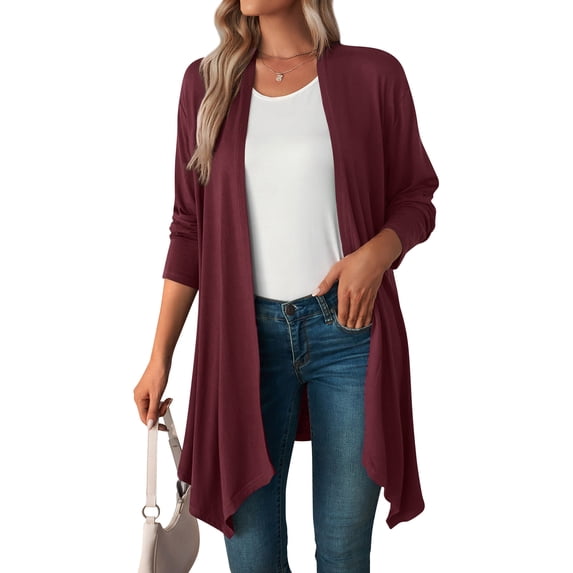 Xuanfei Women Solid Color Open Front Long Sleeve Irregular Long Cardigan