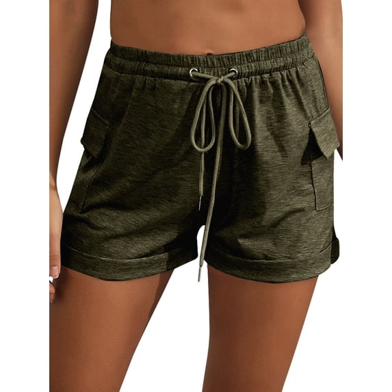Xuanfei Women Solid Color Pockets Drawstring Tie Waist Elastic Waistband Shorts