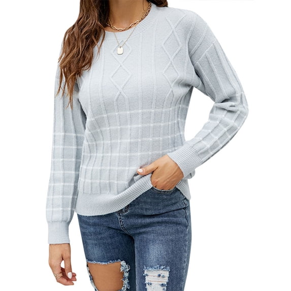 Xuanfei Women Solid Color Quilted Plaid Crew Neck Rib-knit Cuff Long Sleeve Sweater