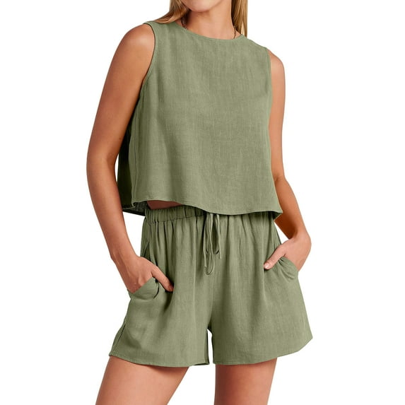 Xuanfei Women Solid Color Round Neck Sleeveless Top Drawstring Shorts Two Pieces Sets