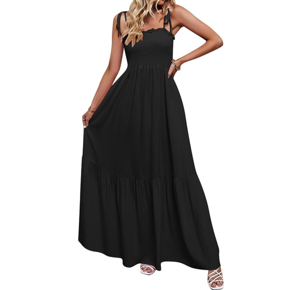 Xuanfei Women Solid Color Smocked Bodice Sleeveless Ruched Design High Waist Maxi Cami Dress