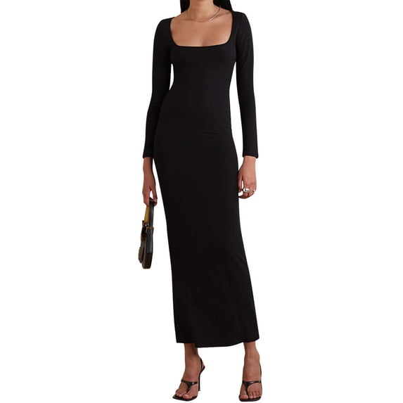 Xuanfei Women Solid Color Square Neck Long Sleeve High Waist Maxi Dress