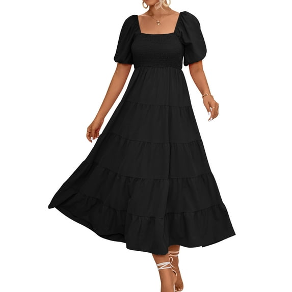 Xuanfei Women Solid Color Square Neck Smocked Bodice High Waisted Puff Sleeve Maxi Dress