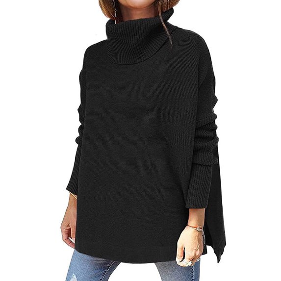 Xuanfei Women Solid Color Turtle Neck Mid-Length Long Sleeve Side Split Sweater