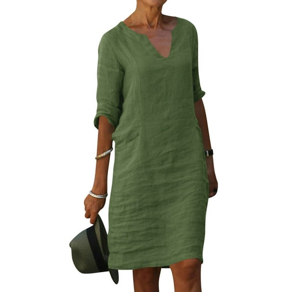 Xuanfei Women Solid Color V Neck 3/4 Sleeve Linen Shirt Dress