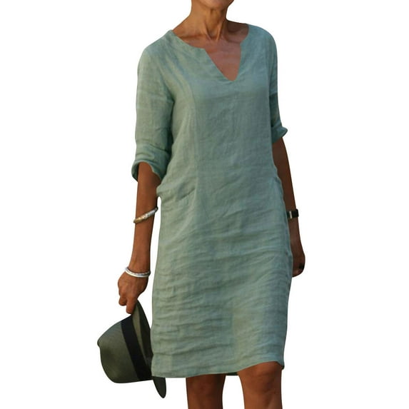 Xuanfei Women Solid Color V Neck 3/4 Sleeve Linen Shirt Dress