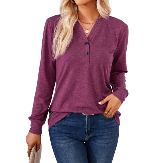 Xuanfei Women Solid Color V Neck Button Down Long Sleeve Top
