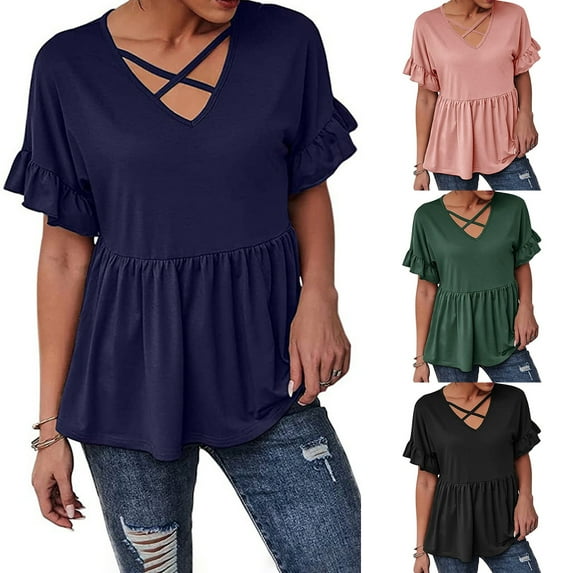 Xuanfei Women Solid Color V Neck Front Criss Cross Frill Short Sleeve Blouse