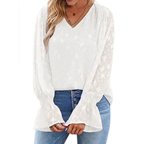 Xuanfei Women Solid Color V Neck Jacquard Flare Sleeve Layered Chiffon Top