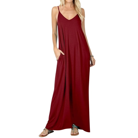 Xuanfei Women Solid Color V Neck Sleeveless With Pockets Backless Flowy Hem Maxi Dress