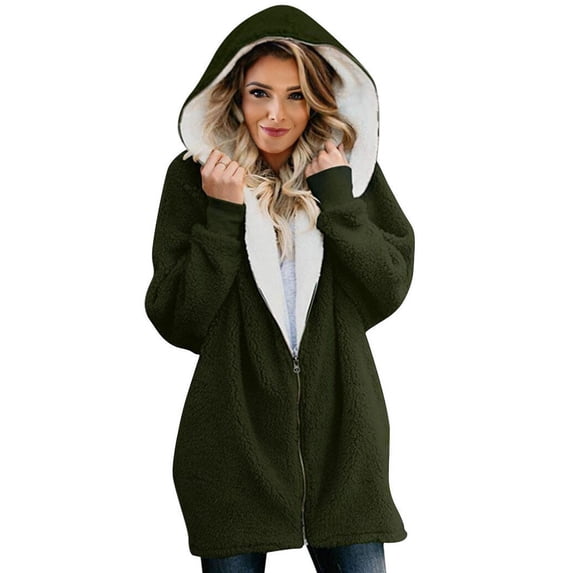 Xuanfei Women Solid Color Zip Up Long Sleeve Mid-Length Fuzzy Fleece Hooded Coat