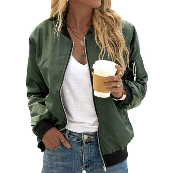 Xuanfei Women Solid Color Zip Up Long Sleeve Pocket Bomber Jacket