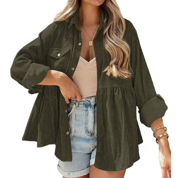 Xuanfei Women Solid Corduroy Button Down Ruffle Long Sleeve Shacket Coat With Pockets