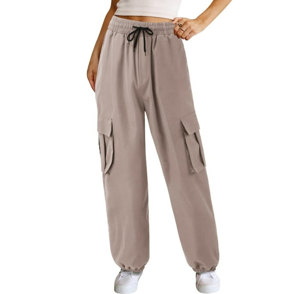 Xuanfei Women Solid Drawstring Elastic Waist Pockets Cargo Pants
