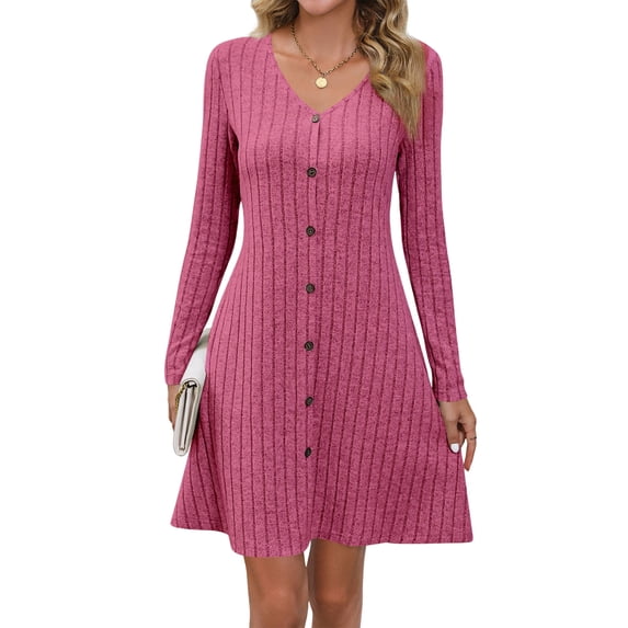 Xuanfei Women Solid Long Sleeve V Neck Button Down Ribbed Knitted A-Line Mini Dress