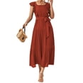 thumbnail image 1 of Xuanfei Women Solid Square Neck Ruffle Flutter Sleeve Tie Waist tiered Maxi Dress, 1 of 7