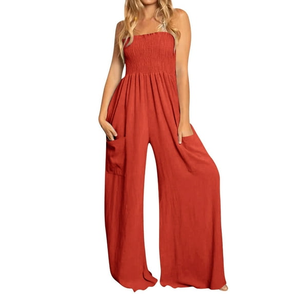 Xuanfei Women Spaghetti Strap Square Neck Smocked Wide Leg Long Jumpsuits With Pockets
