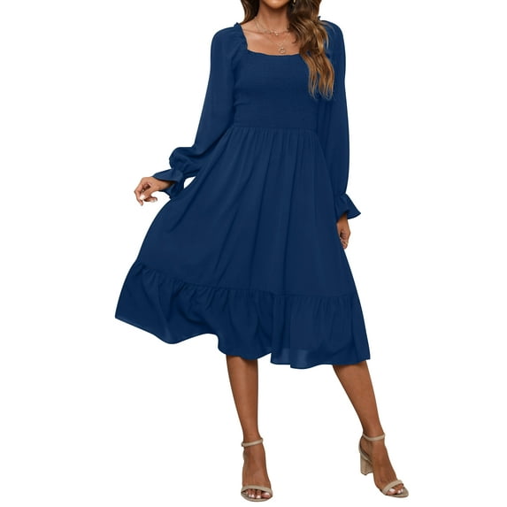 Xuanfei Women Square Neck High Waist Long Sleeve Ruched Midi Dress