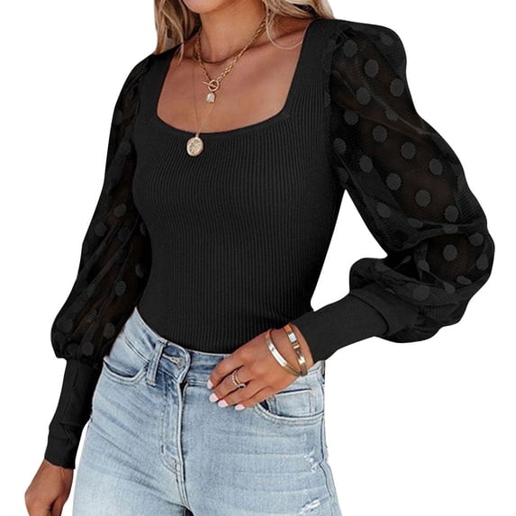 Xuanfei Women Square Neck Polka Dots Mesh Long Sleeve Slim Ribbed T-Shirt