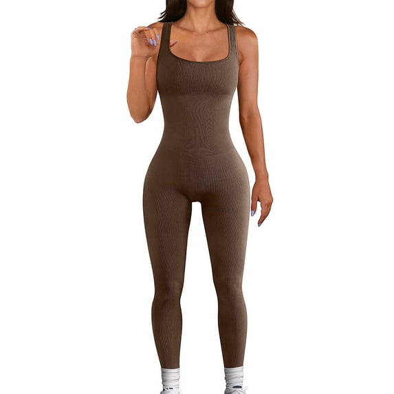 Xuanfei Women Square Neck Sleeveless Butt Lifting Ribbed Jumpsuit