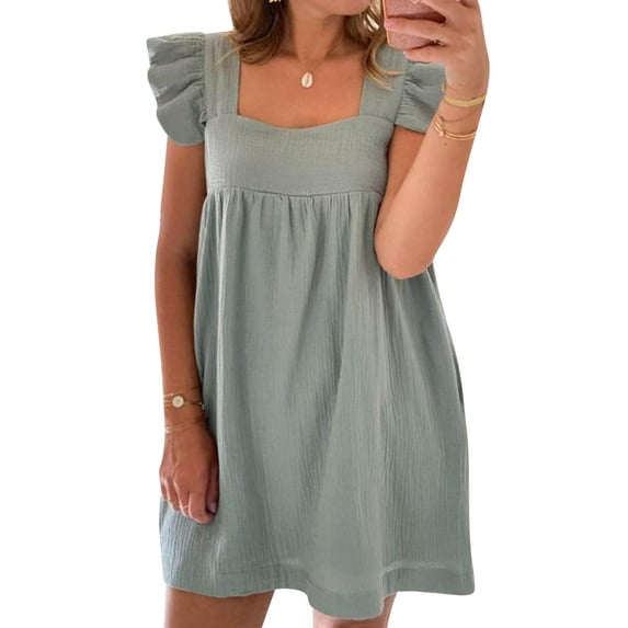 Xuanfei Women Square Neck Sleeveless Open Back Ruffle Mini Dress