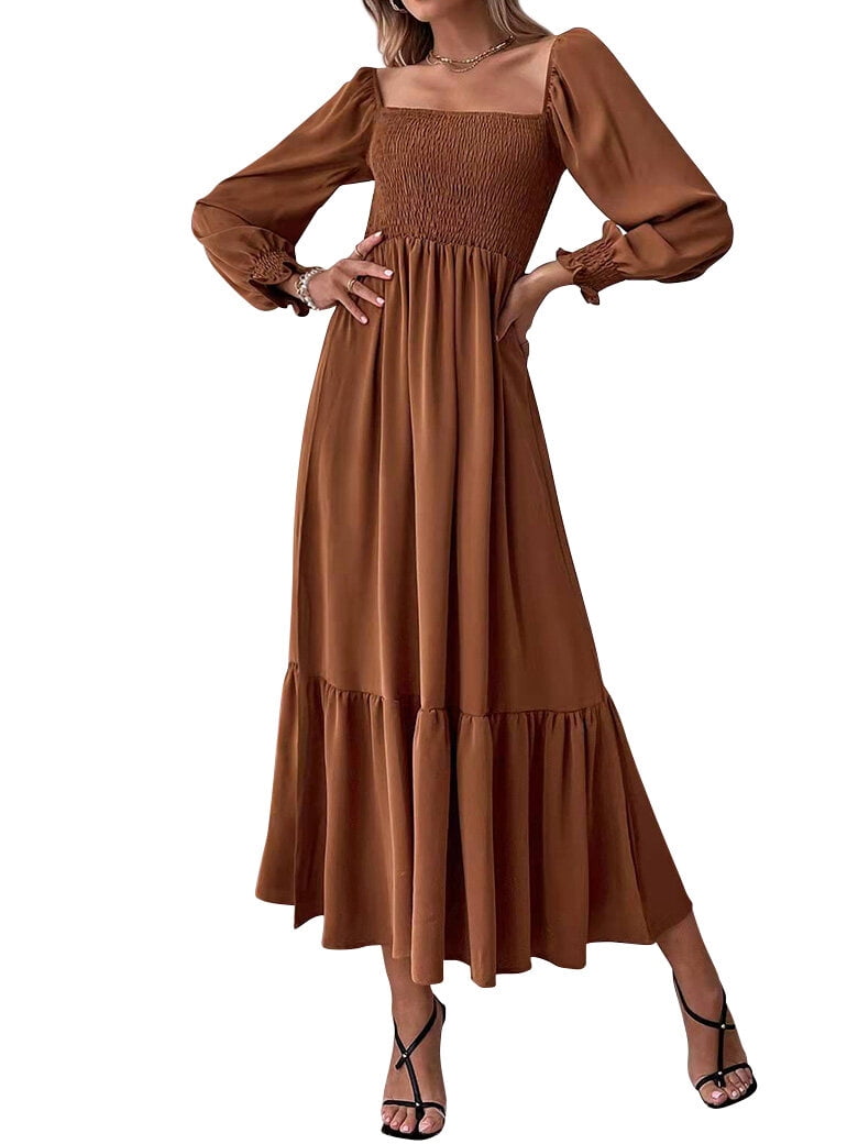 Xuanfei Women Square Neck Smocked Long Sleeve Tiered Maxi Dress ...