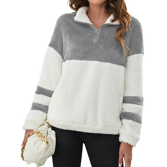 Xuanfei Women Stand Collar Contrast Color Patchwork Zip Neck Long Sleeve Fuzzy Sweatshirt